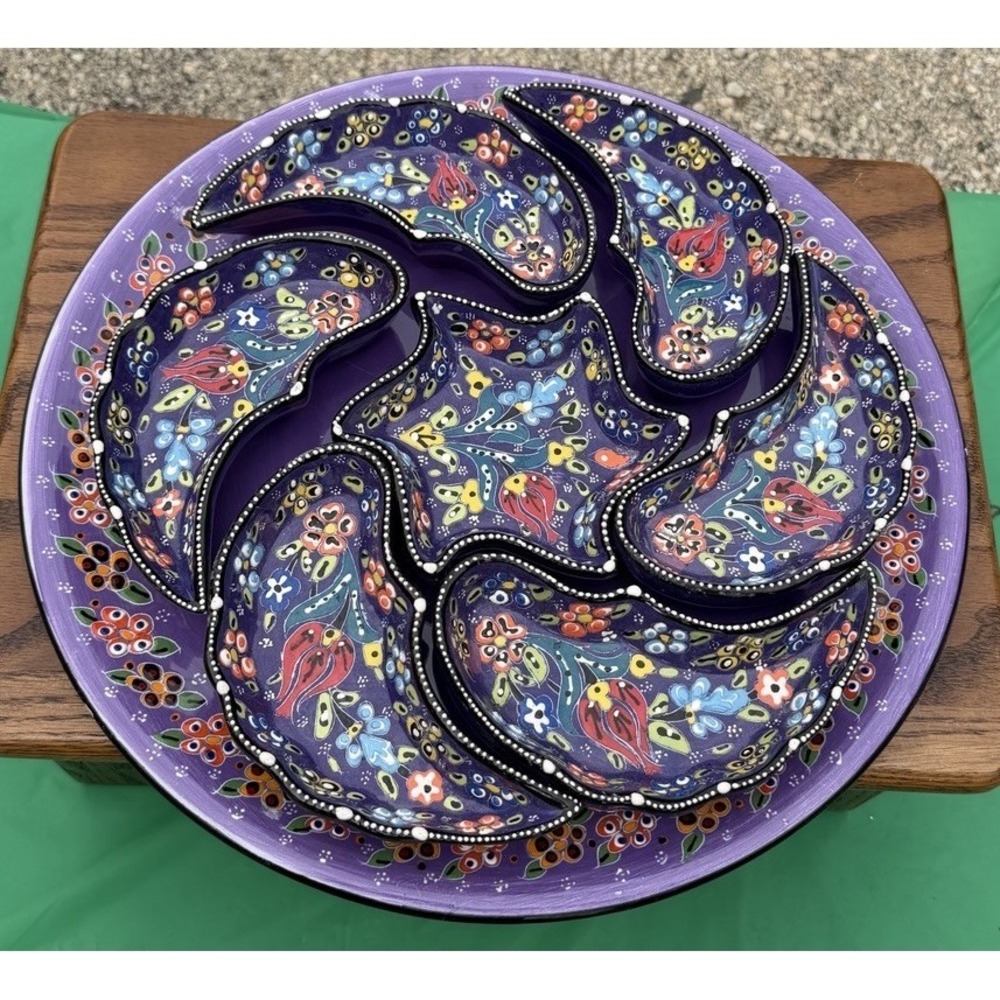 Handmade Turkish Divided Serving Tray Purple Floral Appetizer Platter 14"